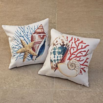 Imagem de Kit 2 Capa Almofada Linho Colorida Concha Estrela Alga 43x43