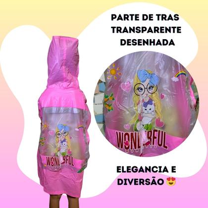 Imagem de kit 2 Capa de chuva infantil para menina menino com capuz e bolsos pvc reforçada desenhada dinossauro princesa escolha a sua