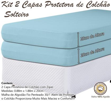 Imagem de Kit 2 Capas Colchão Solteiro Protetora 20cm Altura Com Zíper Malha Algodão