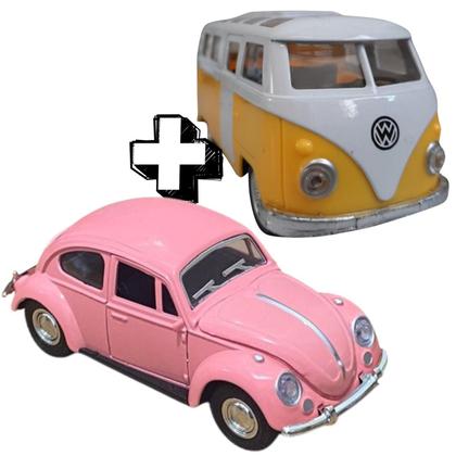 Imagem de Kit 2 Carrinhos Clássicos Coleção de Ferro  e fricção Kombi Samba + Fusca Clássico fusquinha Colecionador