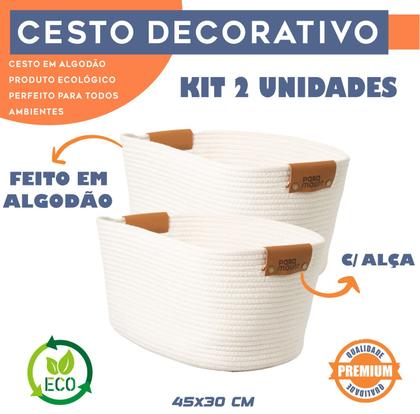 Imagem de Kit 2 Cesta Organizadora Multiuso Com Alça Cesto Decorativo Em Algodão 45x30 cm 22cm Altura 3 cores