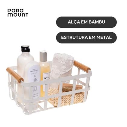 Imagem de Kit 2 Cesto De Metal Alca De Bambu 25x16x15Cm Multiuso