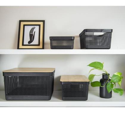 Imagem de Kit 2 Cesto Organizador Grid C Tampa De Bambu 8L E 20 Litros