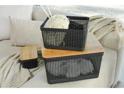 Imagem de Kit 2 Cesto Organizador Grid C Tampa De Bambu 8L E 20 Litros