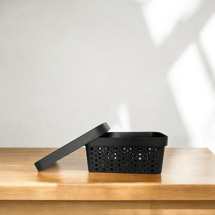 Imagem de Kit 2 Cestos Organizadores com Tampa 4,5 Litros 26x18x11 Caixa Organizadora Multiuso Rattan