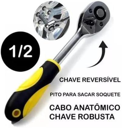 Imagem de Kit 2 Chaves Catraca Reversivel Emborrachada de 1/2" e 1/4" Reforçada Aço + Bits Soquetes e Extensor 29 Peças + Maleta