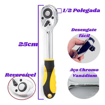 Imagem de Kit 2 Chaves Catraca Reversivel Emborrachada de 1/2" e 1/4" Reforçada Aço + Bits Soquetes e Extensor 29 Peças + Maleta
