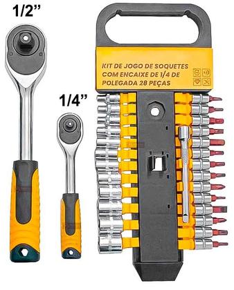 Imagem de Kit 2 Chaves Catraca Reversivel Emborrachada de 1/2" e 1/4" Reforçada Aço + Bits Soquetes e Extensor 29 Peças + Maleta