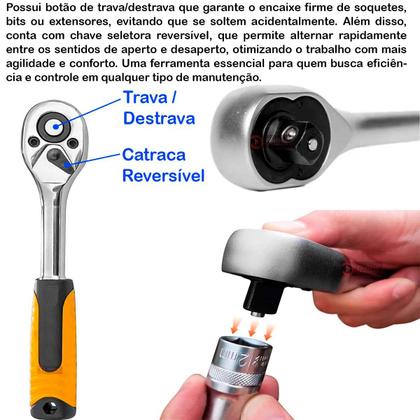Imagem de Kit 2 Chaves Catraca Reversivel Emborrachada de 1/2" e 1/4" Reforçada Aço + Bits Soquetes e Extensor 29 Peças + Maleta