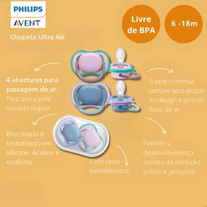 Imagem de Kit 2 Chupeta Ultra Air Dupla Lisa Philips Avent 6-18m