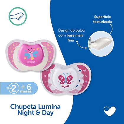 Imagem de Kit 2 Chupetas Bico Silicone Dia e Noite Brilha no Escuro Lumina 6m+ Kuka - Rosa