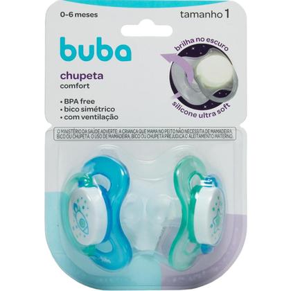 Imagem de Kit 2 Chupetas Buba Comfort Tam 1 Noturna Foguete Azul
