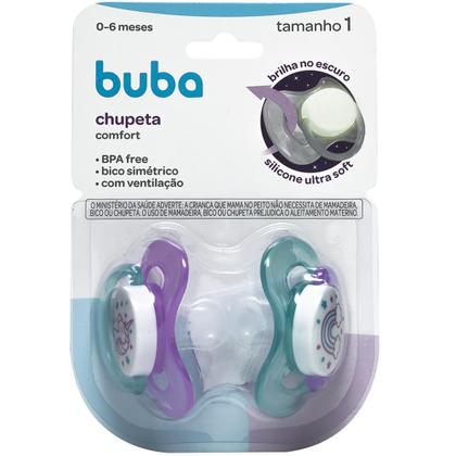 Imagem de Kit 2 Chupetas Buba Comfort Tam 1 Noturna Unicórnio Lilás