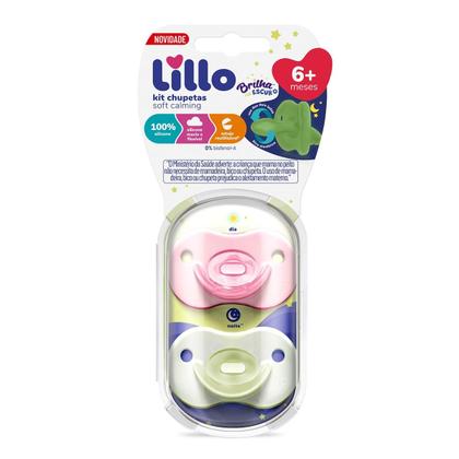Imagem de Kit 2 Chupetas Lillo 100% Silicone Calming Soft Night 6 a 18 Meses Tamanho 2 Brilha no Escuro