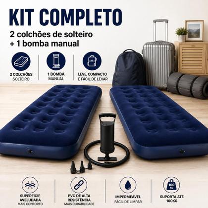 Imagem de Kit 2 Colchão Inflável Solteiro Camping + Bomba Ar Manual
