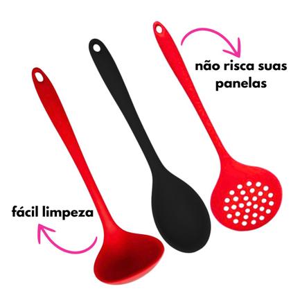 Imagem de Kit 2 Colher Arroz E 1 Concha Feijão Caldo E 1 Escumadeira Universal Silicone Panelas Teflon