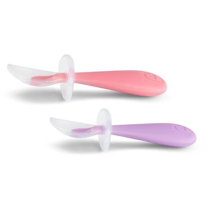 Imagem de Kit 2 Colheres de Silicone Infantil c/ Escudo de Proteção Rosa Munchkin Flexível e Macio
