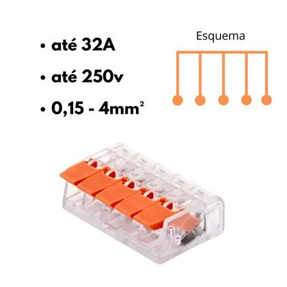 Imagem de Kit 2 Conector Emenda Derivação Alavanca 5 Vias 4Mm 32A 250V