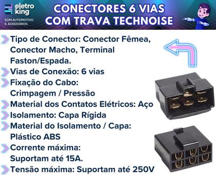 Imagem de Kit 2 Conectores 6 Vias C/ Trava Technoise Som Automotivo