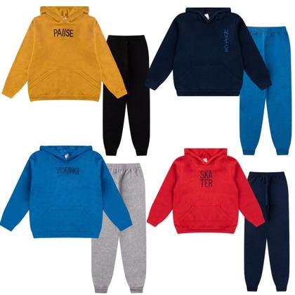 Imagem de Kit 2 Conjunto Moletom Infantil Juvenil Masculino Blusa e Calça Flanelado, com capuz bolso canguru Roupa menino inverno tamanhos 10 12 14 16