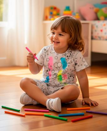 Imagem de Kit 2 conjuntos Pijamas de Colorir para meninas bebê Lavável com Canetinhas Pijama de Pintar Criativo e Divertido para bebê Menina