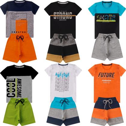 Imagem de Kit 2 Conjuntos Verão Infantil Juvenil Masculino Camiseta reforço na gola e Bermuda Moletinho cadarço Roupa Menino Tamanhos 04 - 16