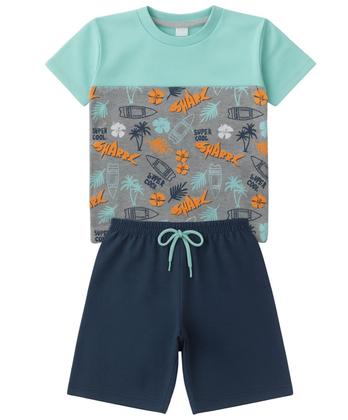 Imagem de Kit 2 Conjuntos Verão Infantil Juvenil Masculino Camiseta reforço na gola e Bermuda Moletinho cadarço Roupa Menino Tamanhos 04 - 16