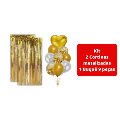 Imagem de Kit 2 Cortinas Metalizadas e 9 Balões e Coração-Dourado
