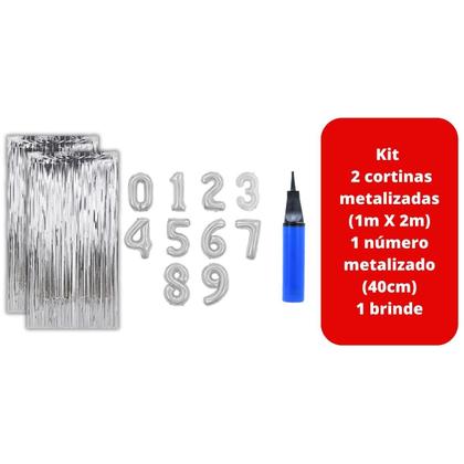 Imagem de Kit 2 Cortinas Metalizadas e Balão Número Bomba de Ar-Prata