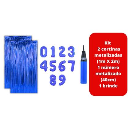 Imagem de Kit 2 Cortinas Metalizadas e Balão Número +Inflador Ar- Azul