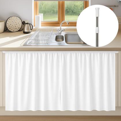 Imagem de Kit 2 Cortinas Pia Cozinha Impermeável PVC Blackout + Varão extensível 1,10 a 2,00 m