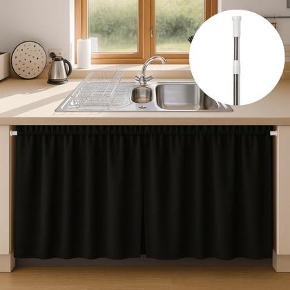 Imagem de Kit 2 Cortinas Pia Cozinha Impermeável PVC Blackout + Varão extensível 1,10 a 2,00 m