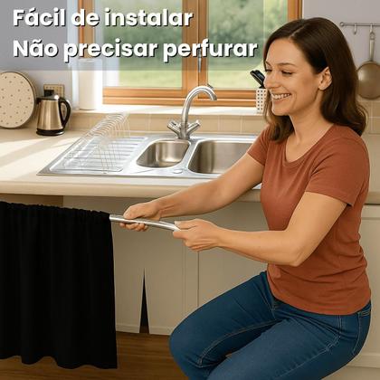 Imagem de Kit 2 Cortinas Pia Cozinha Impermeável PVC Blackout + Varão extensível 1,10 a 2,00 m