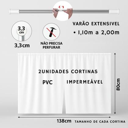 Imagem de Kit 2 Cortinas Pia Cozinha Impermeável PVC Blackout + Varão extensível 1,10 a 2,00 m