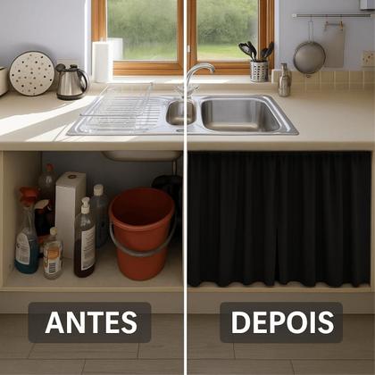 Imagem de Kit 2 Cortinas Pia Cozinha Impermeável PVC Blackout + Varão extensível 1,10 a 2,00 m