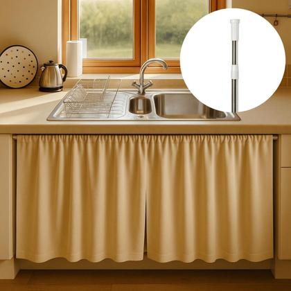 Imagem de Kit 2 Cortinas Pia Cozinha Impermeável PVC Blackout + Varão extensível 1,10 a 2,00 m