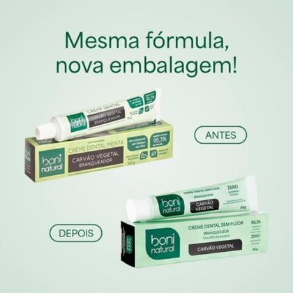 Imagem de Kit 2 Creme Dental Boni Natural Sem Fluor Carvao Vegetal Branqueador Antisseptico Halito Fresco 90g