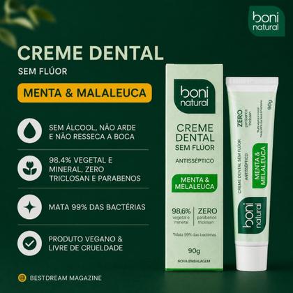 Imagem de Kit 2 Creme Dental Boni Natural Sem Fluor Menta Carvão Anti-inflamatorio Halito Fresco Vegano 90g