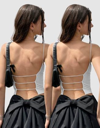 Imagem de Kit 2 Cropped Feminino Decote Reto Alça Fina Elegante Regata Blusinha Costas Nua Casual Verâo