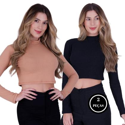 Imagem de Kit 2 Cropped Manga Longa Blusa de Inverno Gola Alta - KIT 2 IVIE PRETO E BEGE