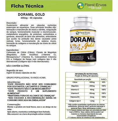 Imagem de kit 2 Doramil Gold 120 Cápsulas 400mg Cálcio Magnésio + Colágeno Tipo 2 Vitaminas C K2 e D3  Floral Ervas Do Brasil