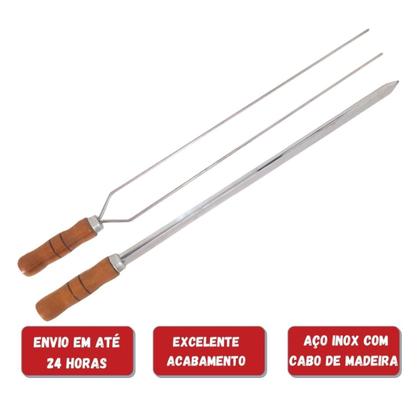 Imagem de Kit 2 Espeto Duplo 70cm De Inox Com Cabo Madeira Churrasco