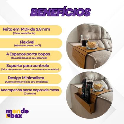 Imagem de Kit 2 Esteiras Para Sofá Suporte Porta Copos e Porta Controle Bandeja Mdf Flexível Braço Sofá Apoio