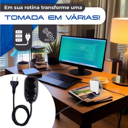 Imagem de Kit 2 Extensão Elétrica 2 Metros Bivolt com 3 Tomadas 110v 220v Tripolar Alexa Compacta