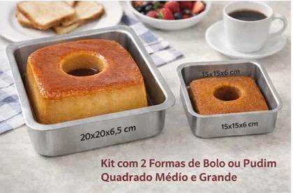 Imagem de Kit 2 Formas Bolo ou Pudim Quadrada Suiça Grande e Médio de 2 Tamanhos em Alumínio