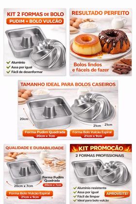 Imagem de Kit 2 Formas de Bolo Alumínio  Forma Pudim Suíço Quadrada 20x7cm Forma Bolo Vulcão Espiral