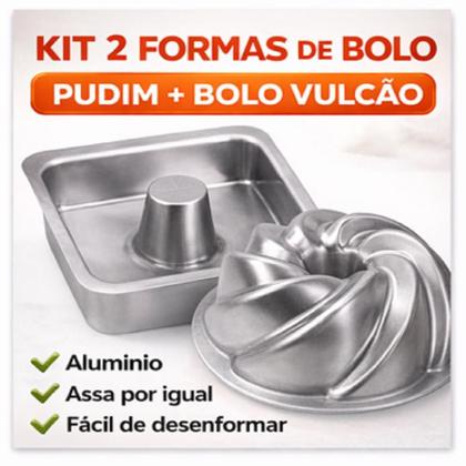 Imagem de Kit 2 Formas de Bolo Alumínio  Forma Pudim Suíço Quadrada 20x7cm Forma Bolo Vulcão Espiral
