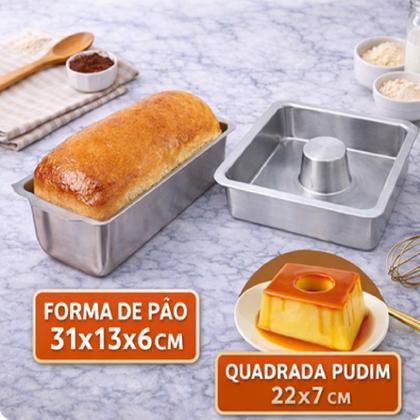 Imagem de Kit 2 Formas de Bolo Alumínio Reforçado Forno elétrico Air Fryer Forma de Pudim Quadrada 15 X 6 Forma de Pão 21 X 5 Forma Pão e Bolo Vulcão Profis
