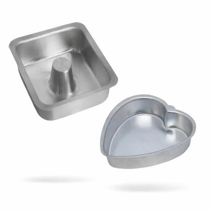 Imagem de kit 2 Formas de Bolo, Pudim Quadrado Suíça 20cm e Forma de Bolo em Coração 20cm alumínio Profissional