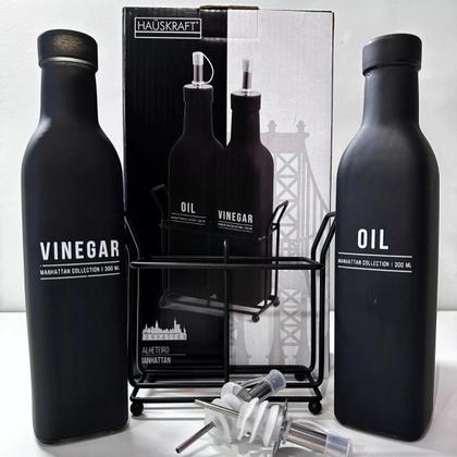 Imagem de Kit 2 Galheteiro Vidro 300ml Manhattan Porta Azeite Vinagre Com Dosador Suporte 3 Peças